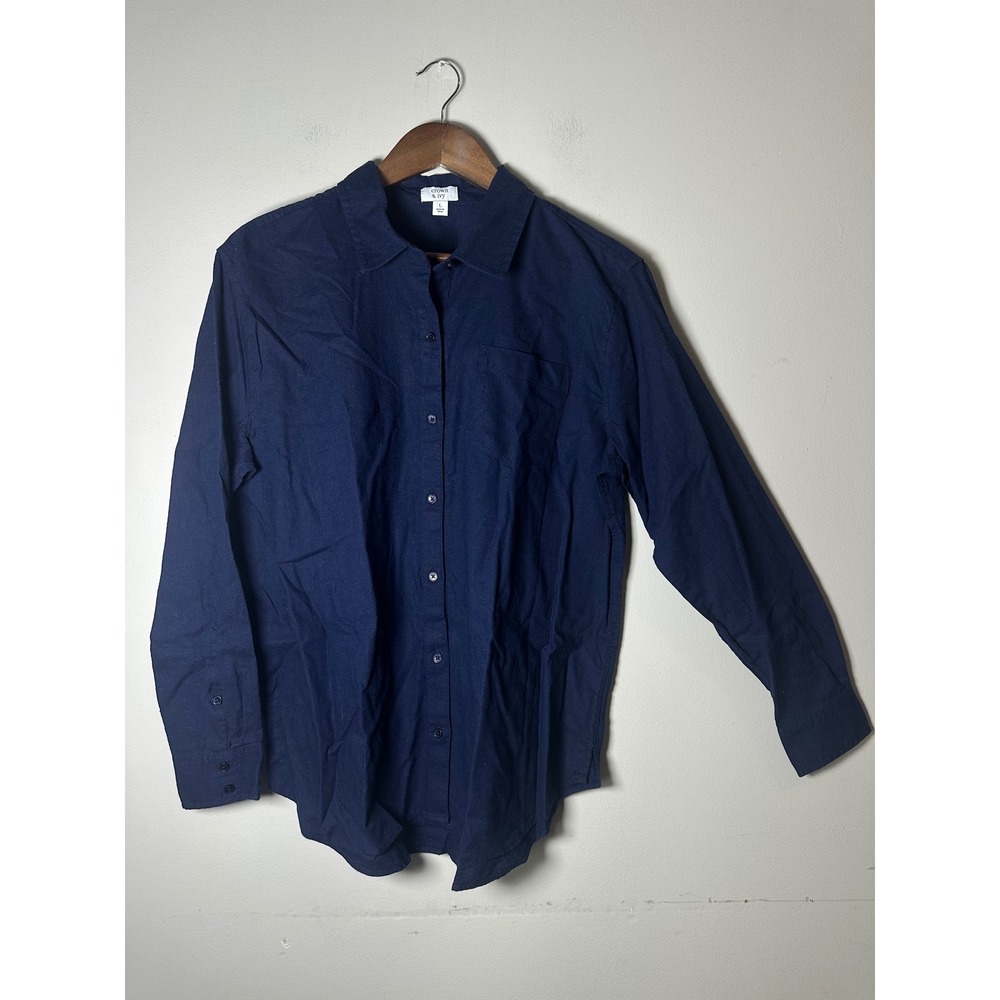 Crown & Ivy Navy Blue Linen Blend LS Button Down Shirt Women Lg Coastal Preppy